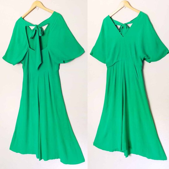 Whistles Kelly Green Zelena Midi Dress 10 Crepe Flutter Sleeves Bow Back $320 - Picture 4 of 14